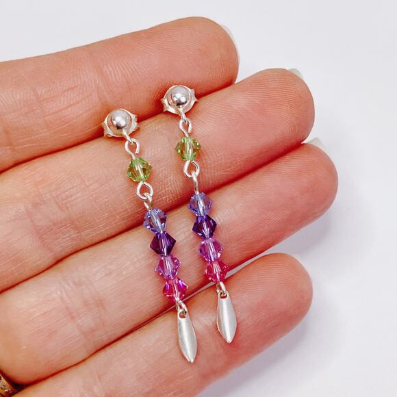 VTG Artisan Sterling Silver Swarovski Colorful Crystal Dangle Earrings Handmade - Picture 2 of 13